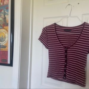 Abercrombie and Fitch XS Burgundy/Maroon and Pale Pink Striped Ribbed Shirt